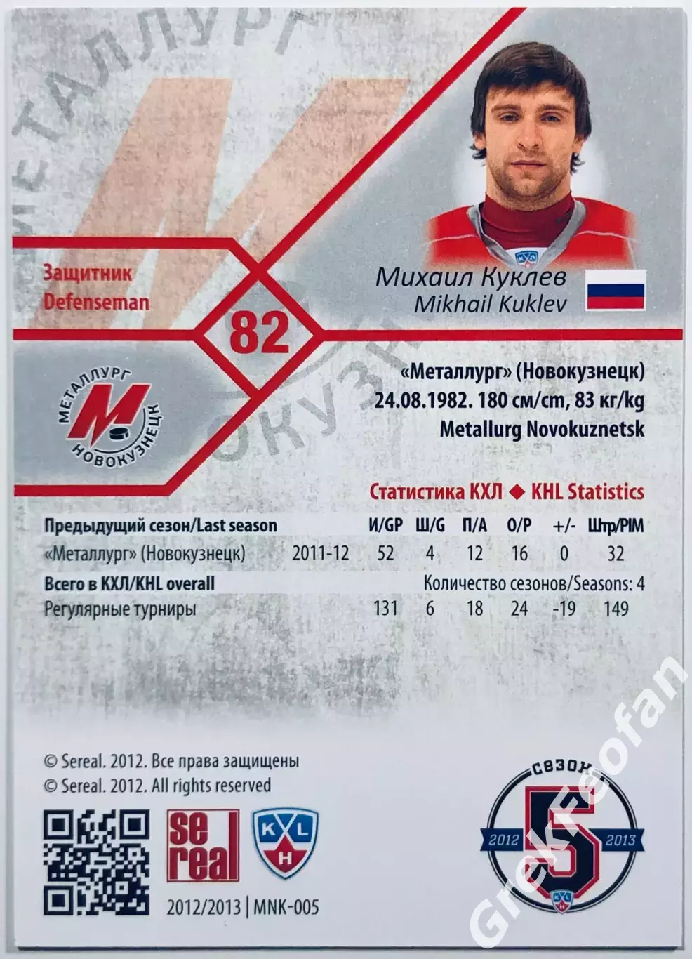 Карточка Михаил Куклев ХК Металлург Новокузнецк 1