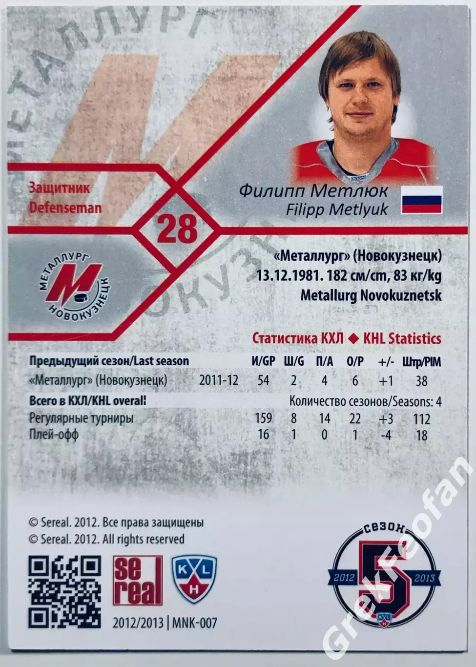 Карточка Филипп Метлюк ХК Металлург Новокузнецк 1