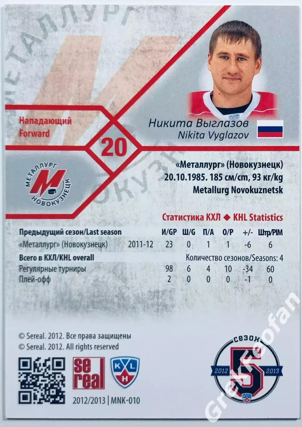 Карточка Никита Выглазов ХК Металлург Новокузнецк 1
