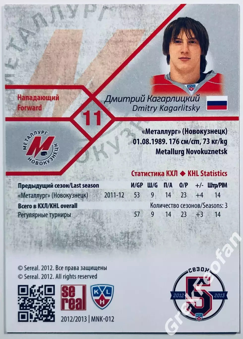 Карточка Дмитрий Кагарлицкий ХК Металлург Новокузнецк 1