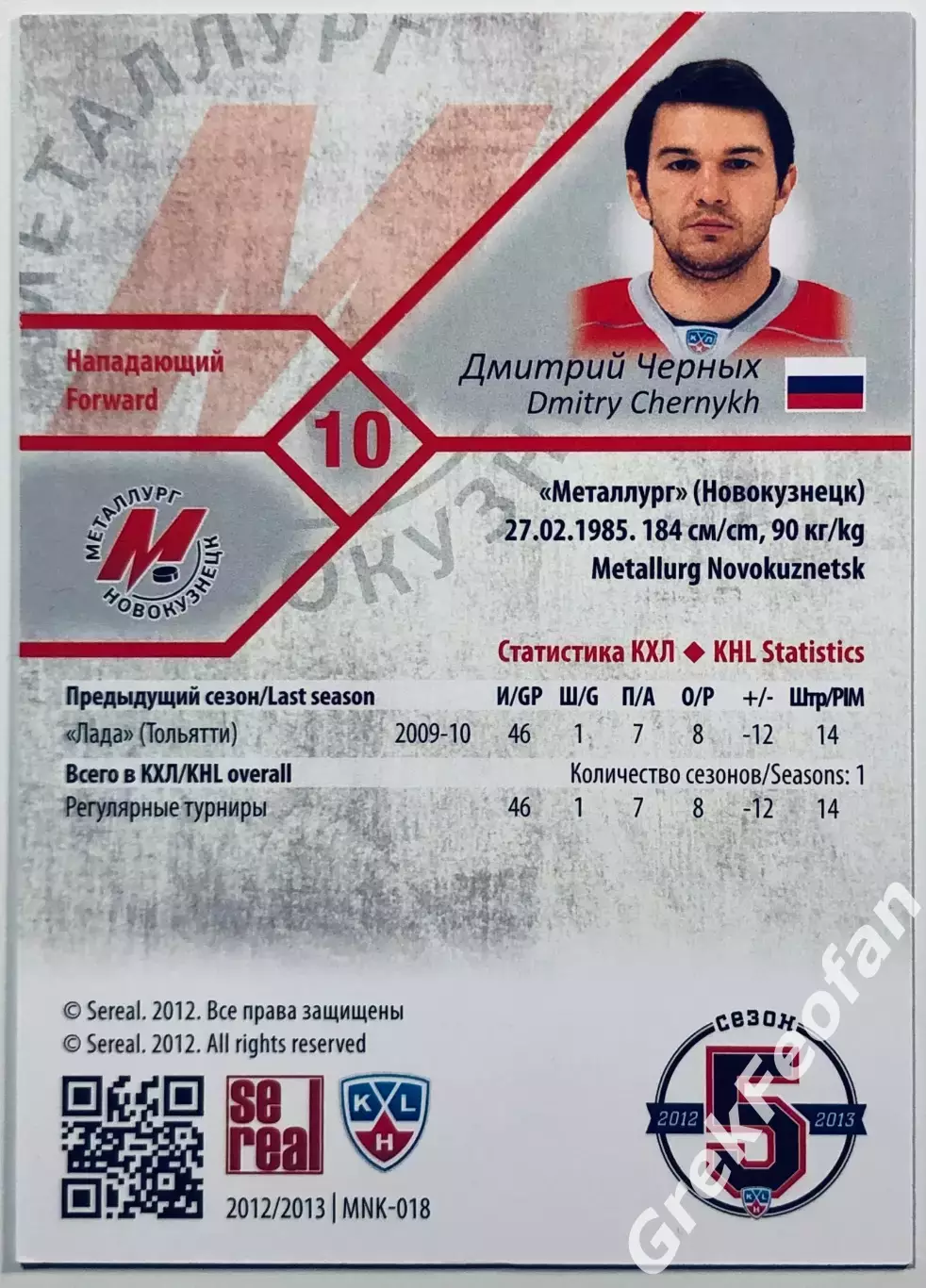 Карточка Дмитрий Черных ХК Металлург Новокузнецк 1