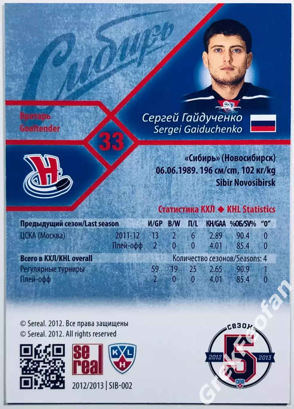 Карточка Сергей Гайдученко ХК Сибирь Новосибирск 1