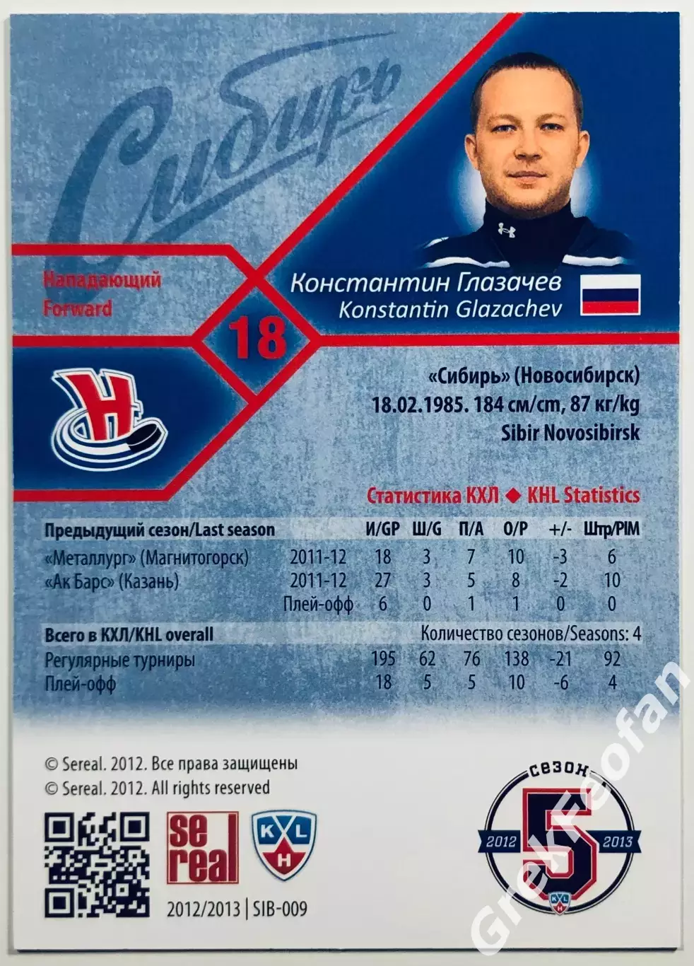 Карточка Константин Глазачев ХК Сибирь Новосибирск 1
