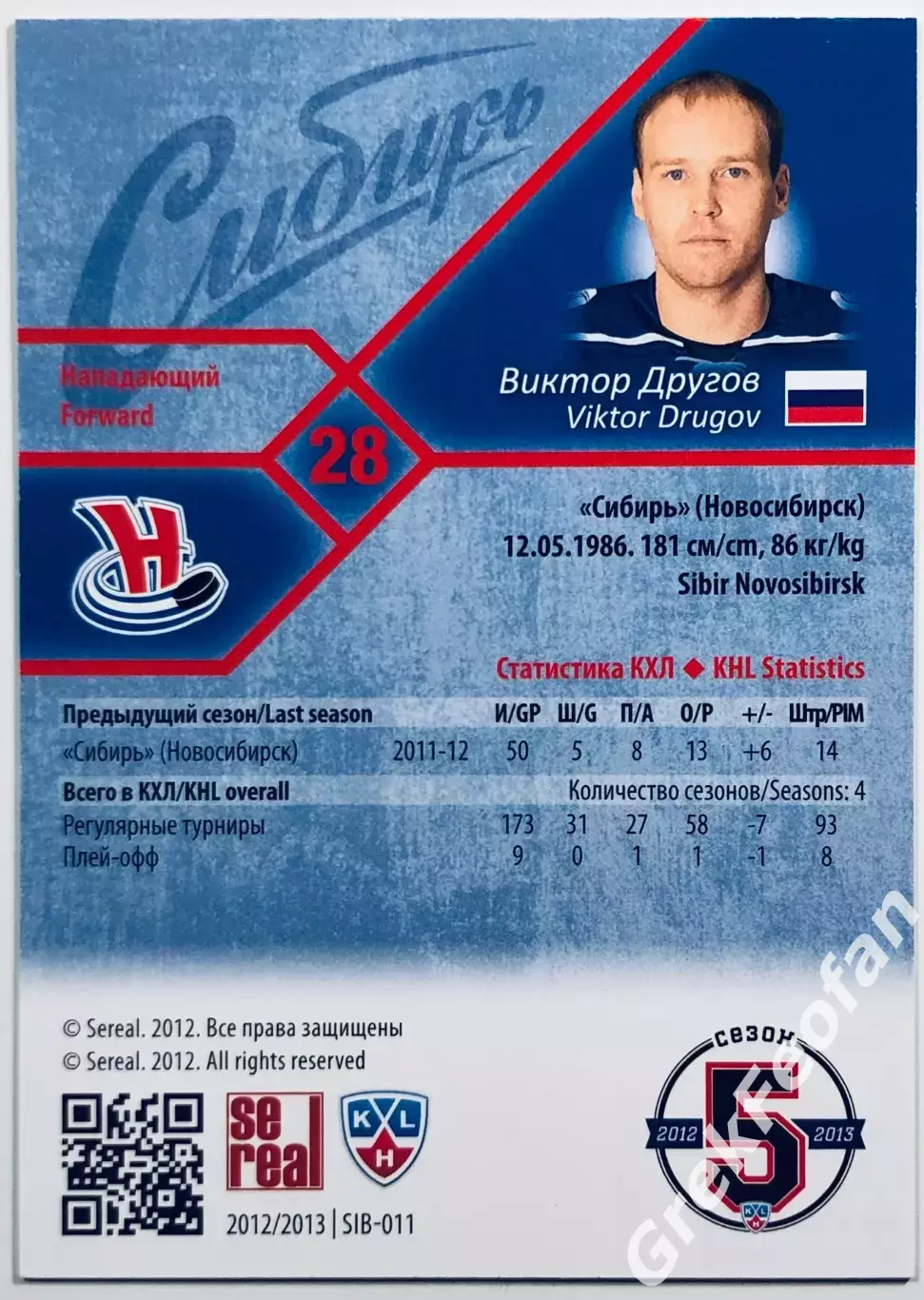 Карточка Виктор Другов ХК Сибирь Новосибирск 1