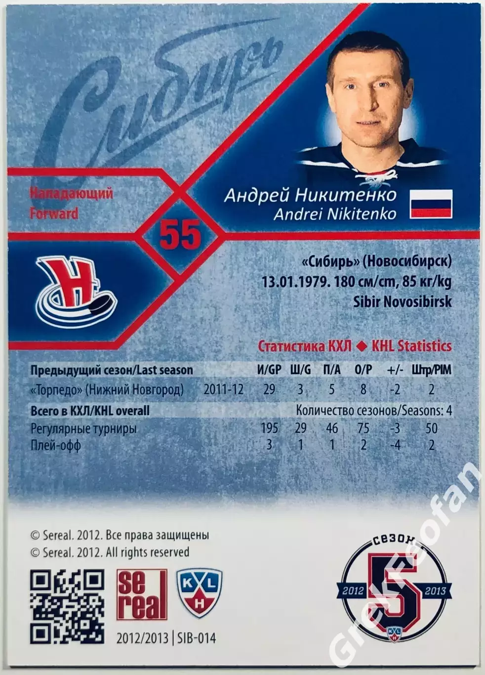 Карточка Андрей Никитенко ХК Сибирь Новосибирск 1