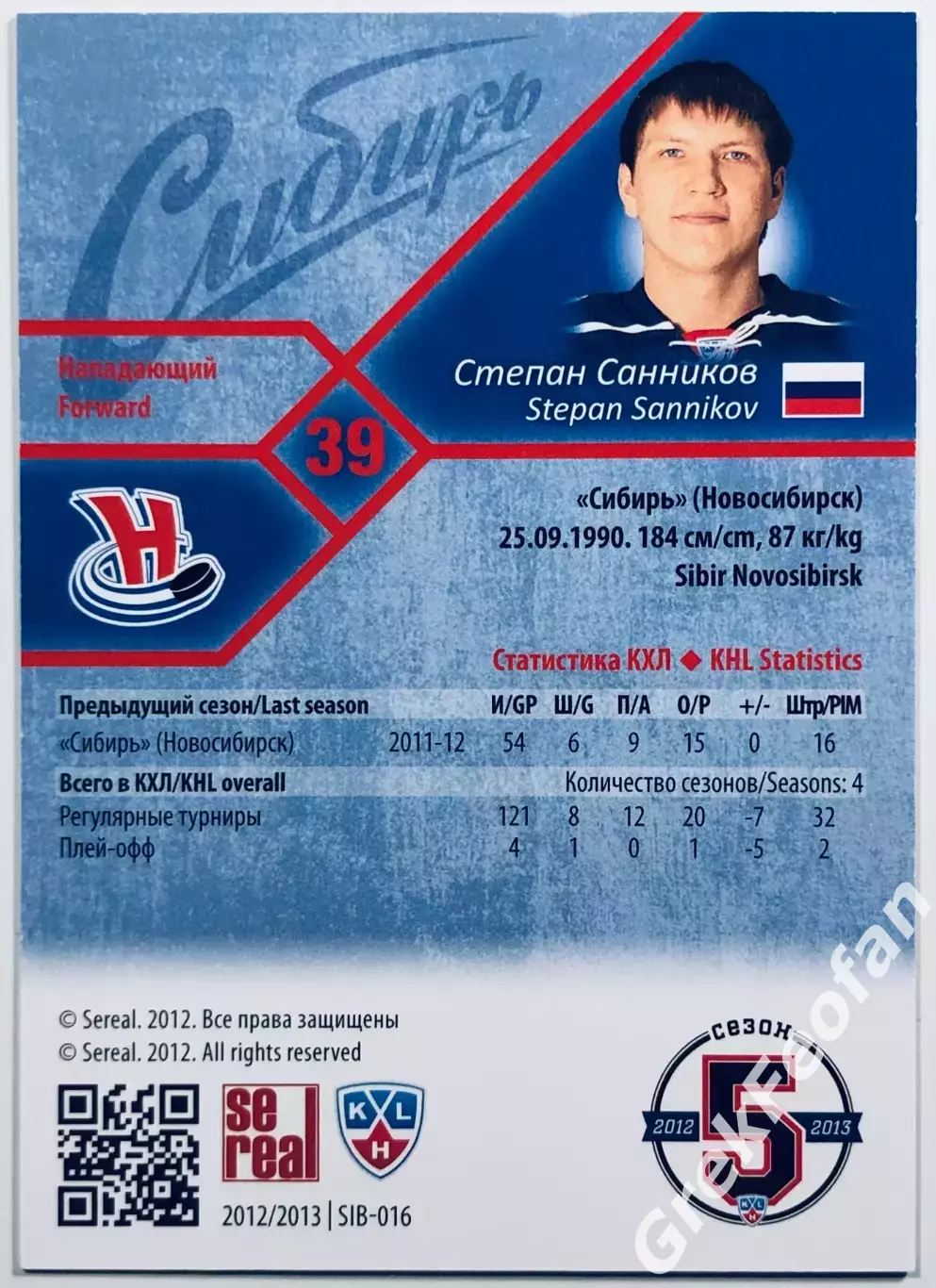 Карточка Степан Санников ХК Сибирь Новосибирск 1