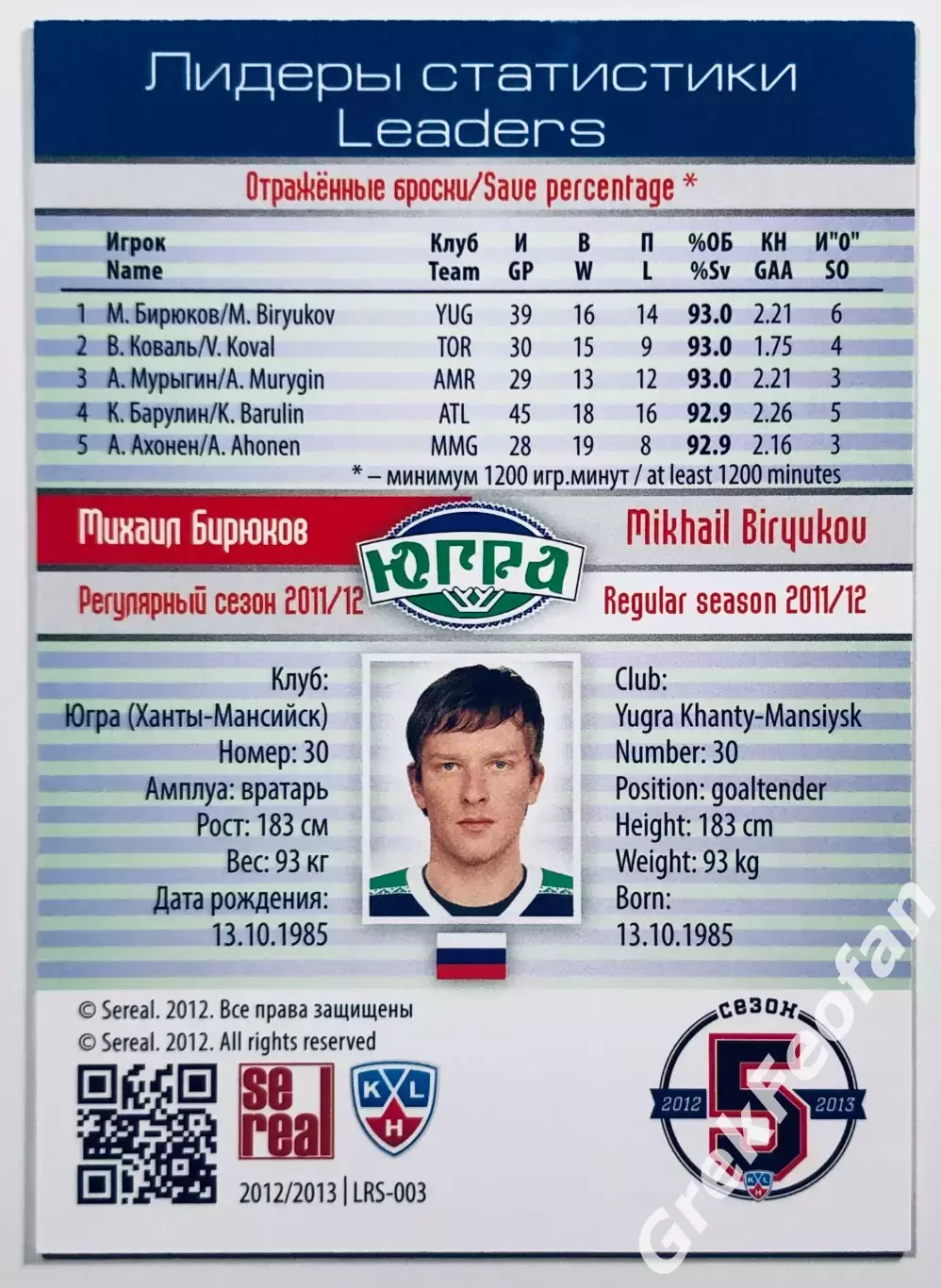 Карточка Михаил Бирюков ХК ”Югра” Ханты-Мансийск 1