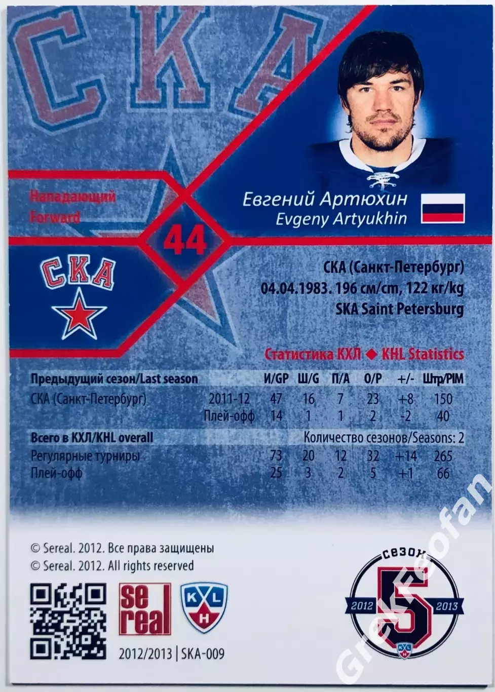 Карточка Евгений Артюхин ХК СКА СПб 1