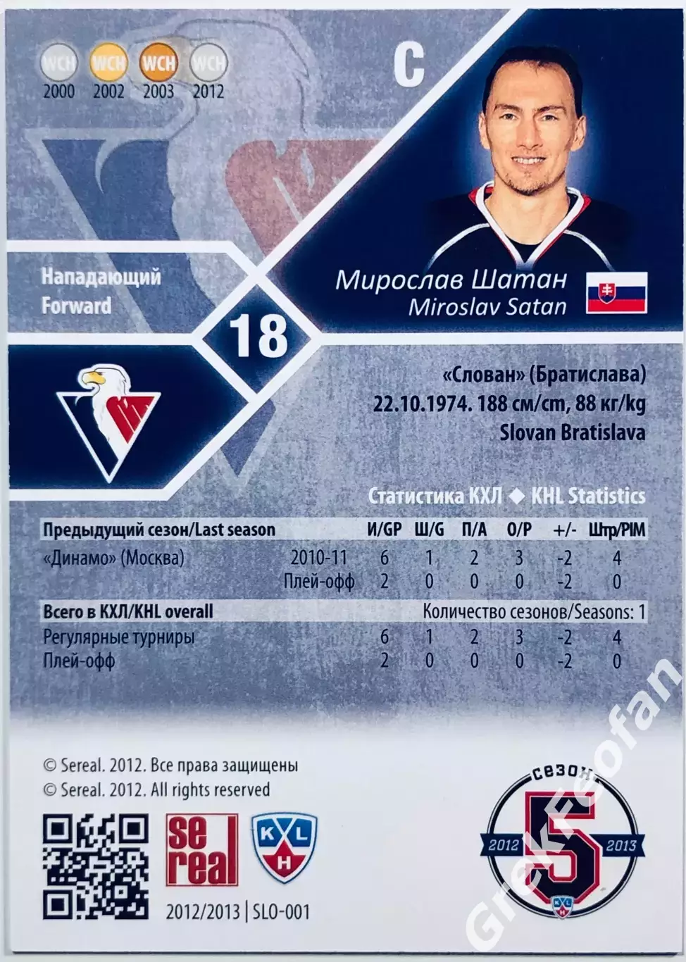 Карточка Мирослав Шатан ХК Слован Братислава 1
