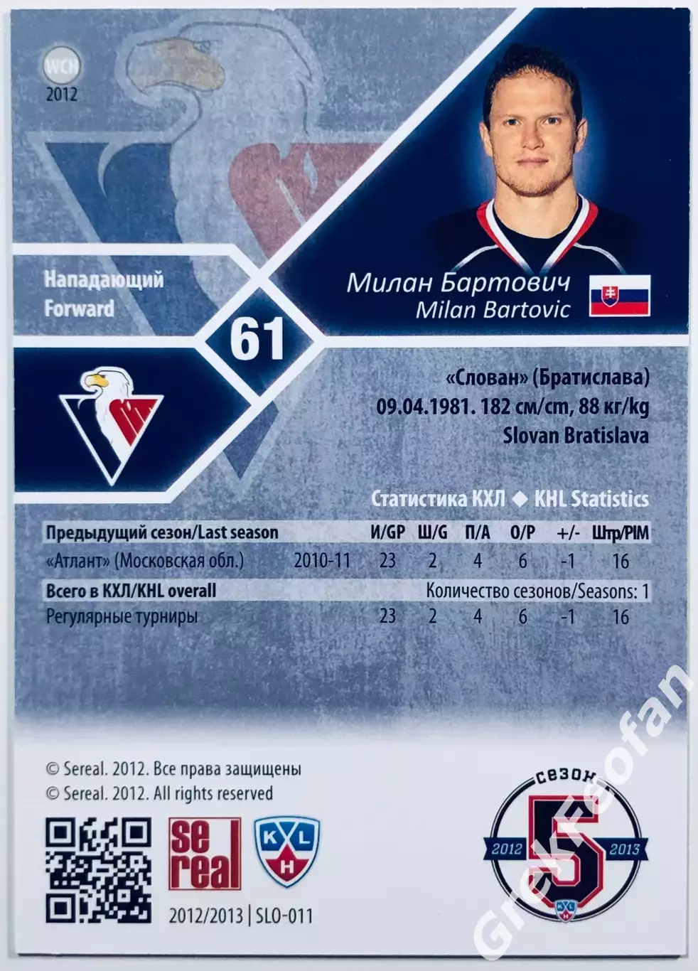 Карточка Милан Бартович ХК Слован Братислава 1