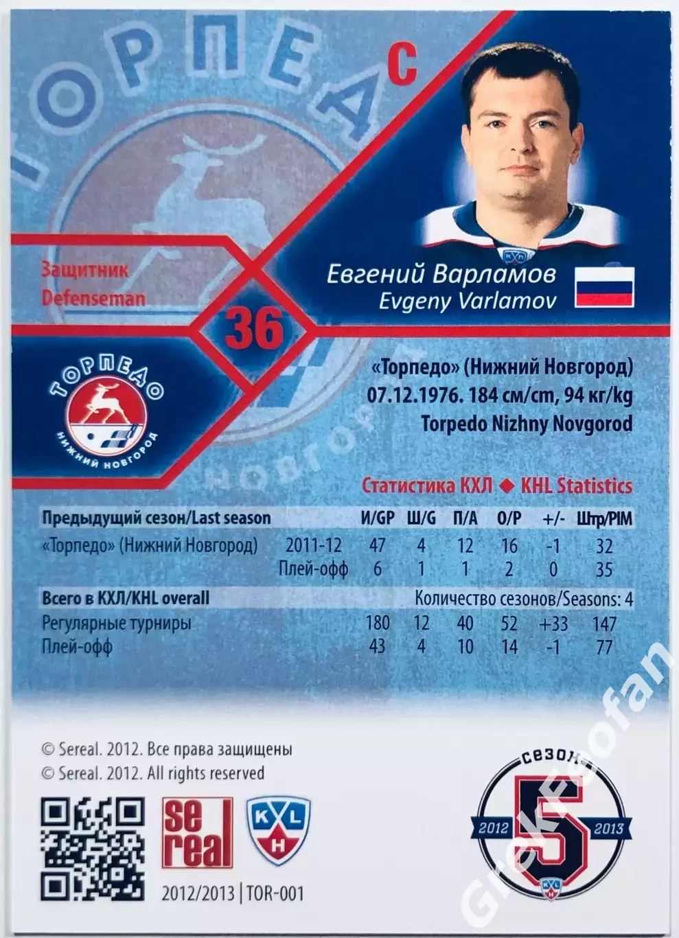 Карточка Евгений Варламов ХК Торпедо НН 1