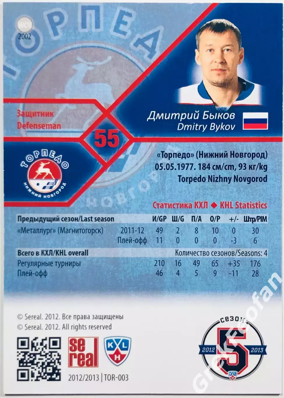 Карточка Дмитрий Быков ХК Торпедо НН 1