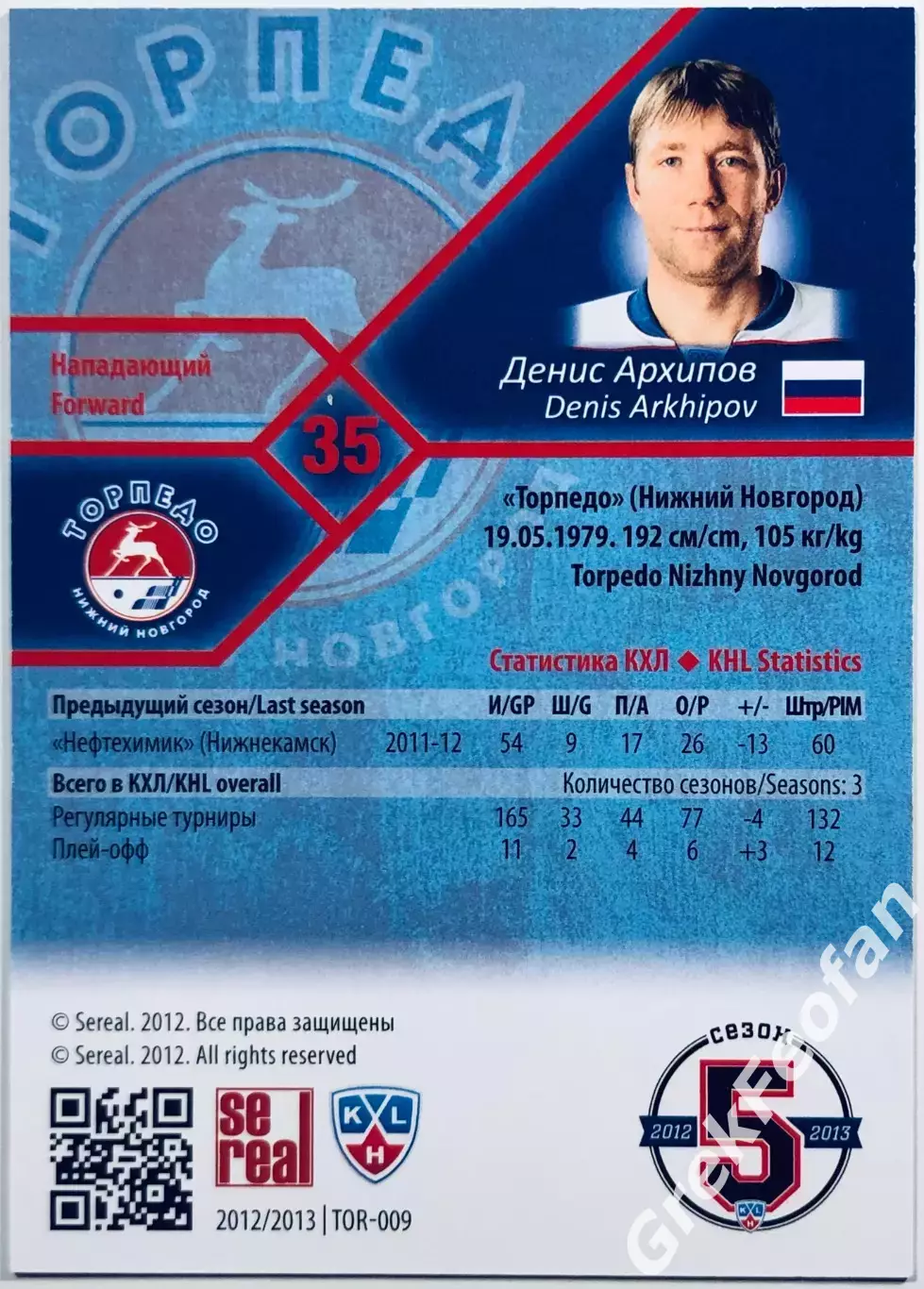 Карточка Денис Архипов ХК Торпедо НН 1