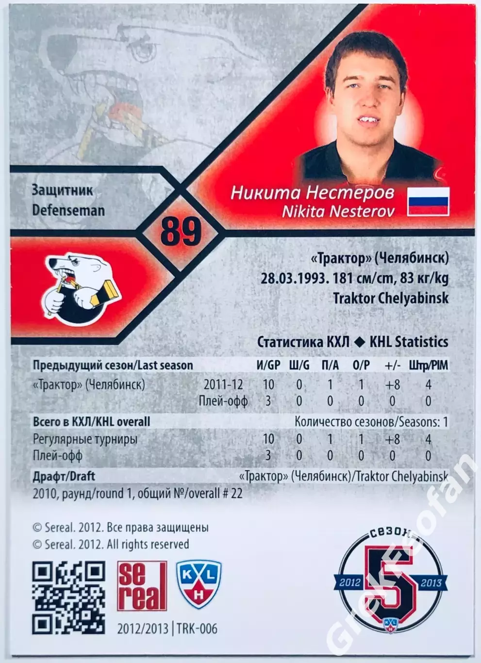 Карточка Никита Нестеров ХК Трактор Челябинск 1