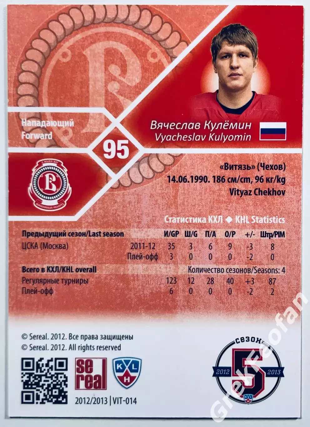 Карточка Вячеслав Кулёмин ХК Витязь Чехов 1