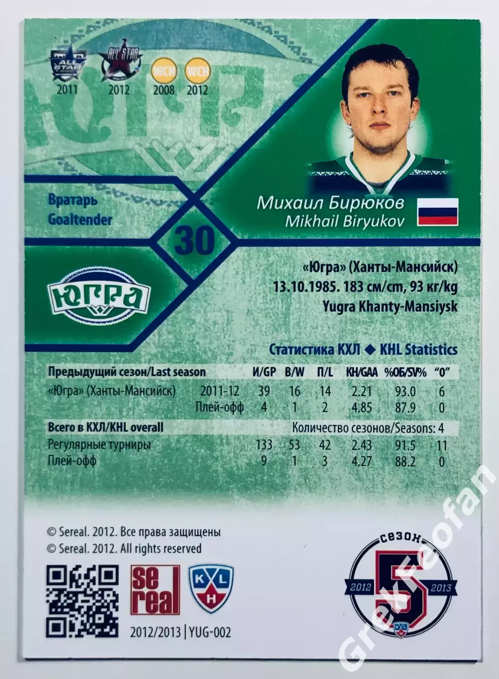 Карточка Михаил Бирюков ХК ”Югра” Ханты-Мансийск 1