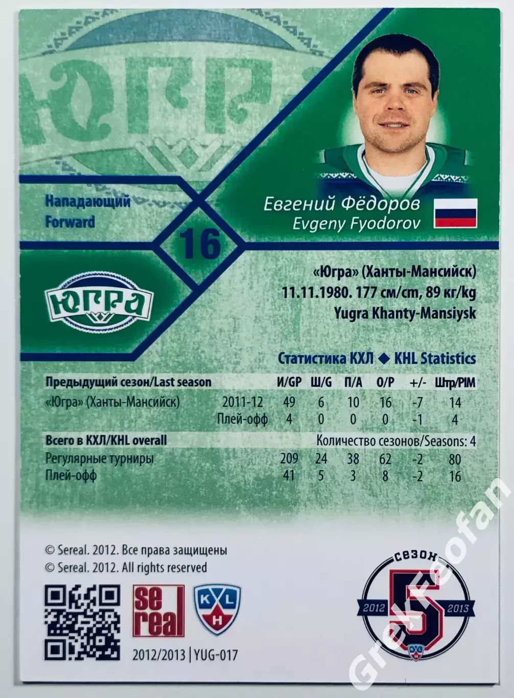 Карточка Евгений Фёдоров ХК Югра Ханты-Мансийск 1