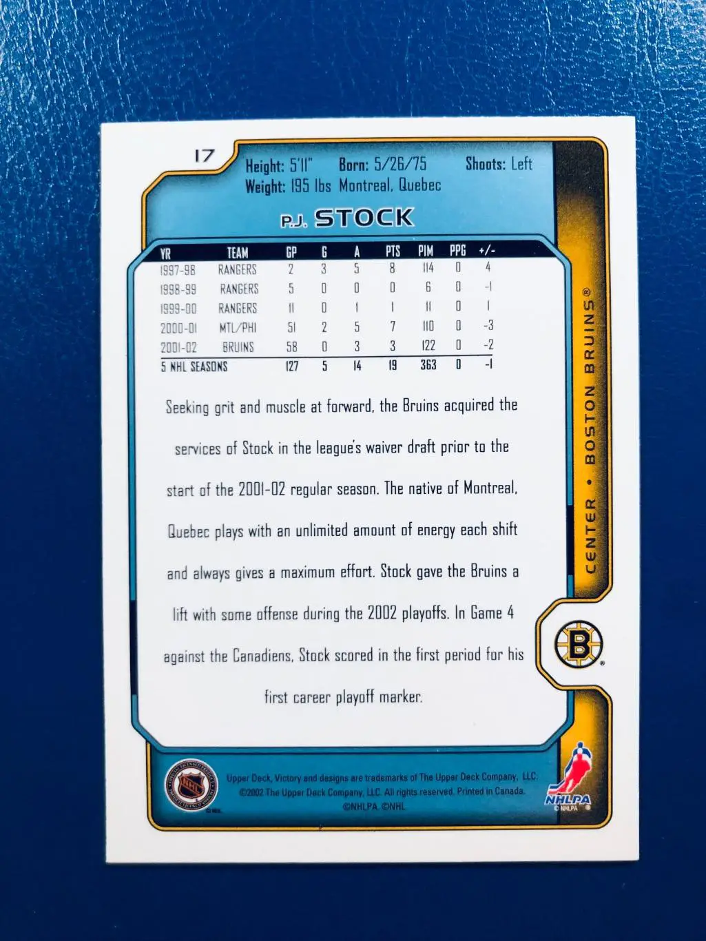 Карточка P.J. Stock Boston Bruins 1