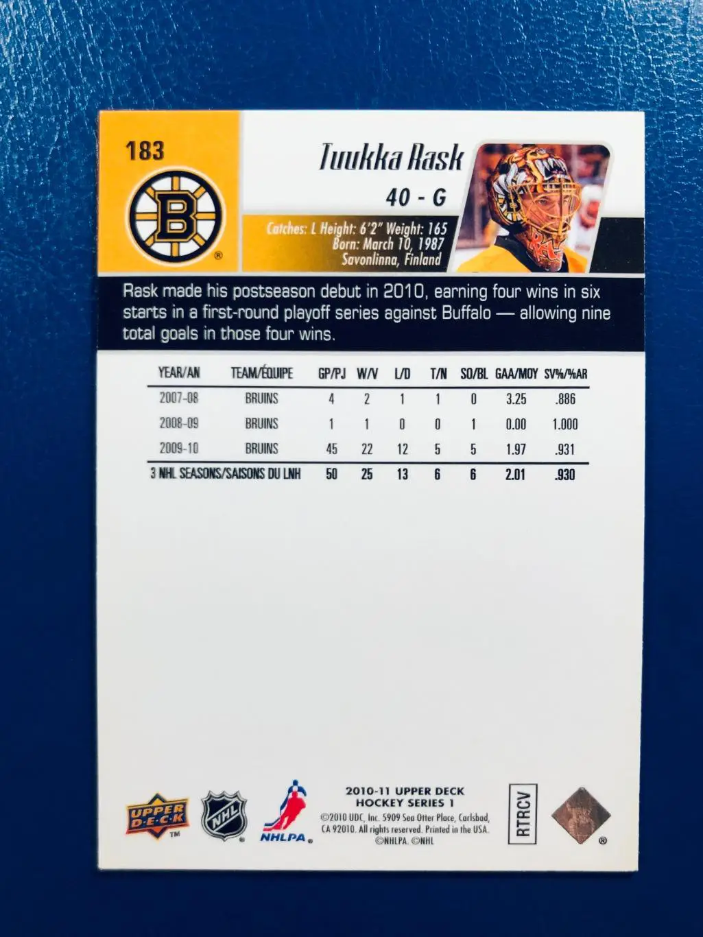 Карточка Tuukka Rask Boston Bruins 1