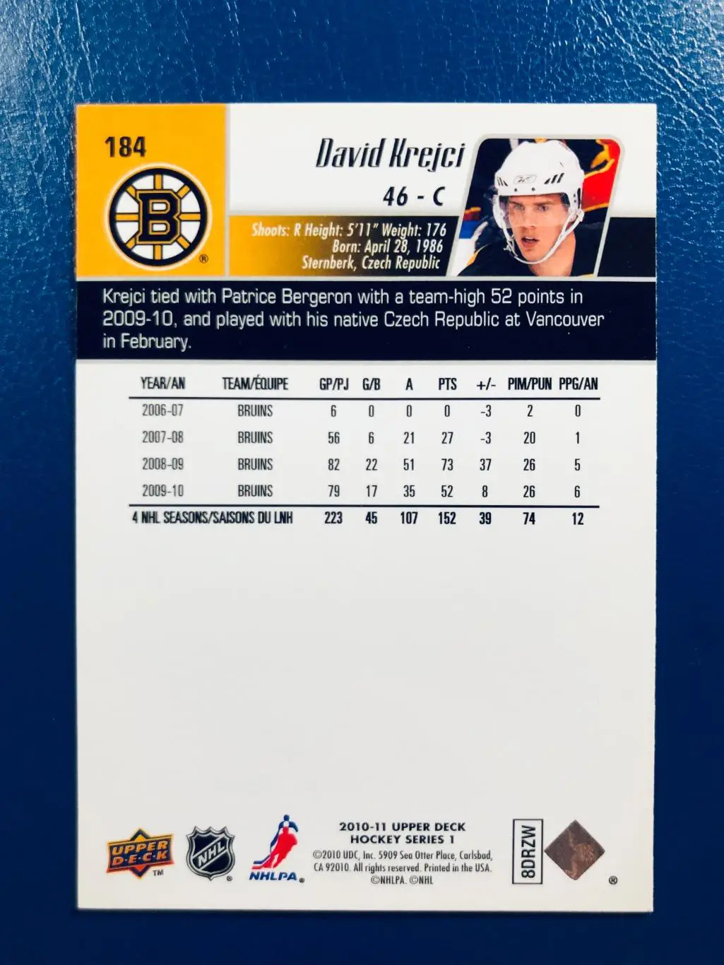 Карточка David Krejci Boston Bruins 1