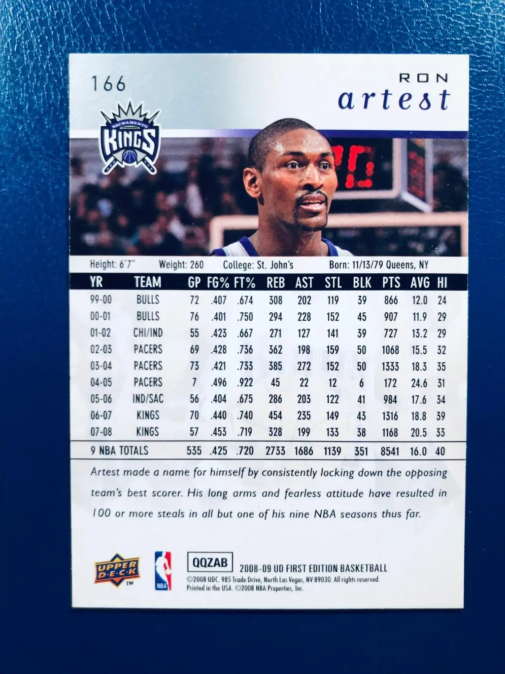 Карточка Ron Artest Sacramento Kings 1