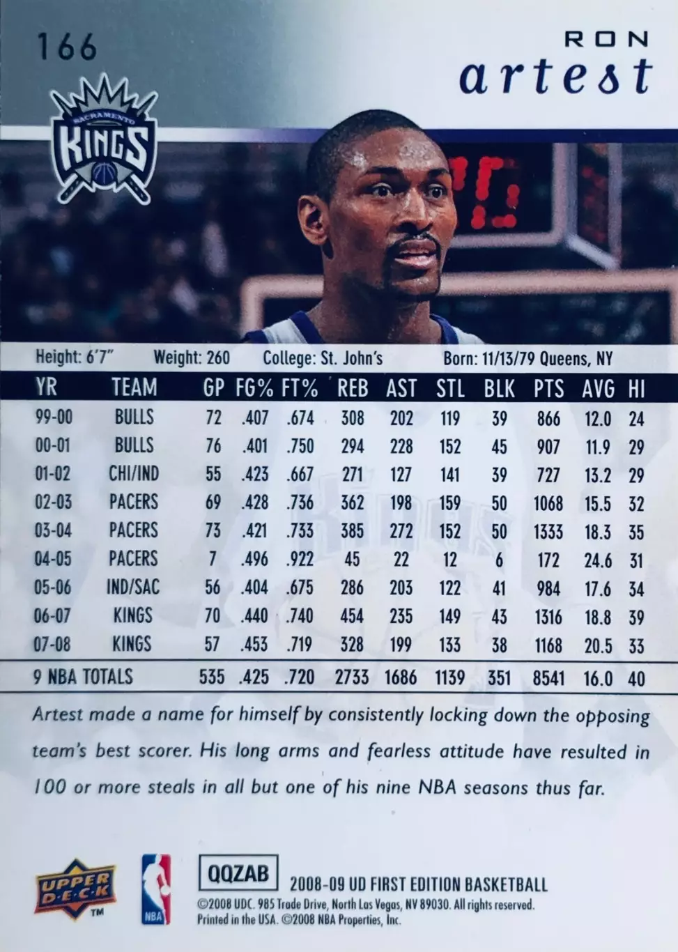 Карточка Ron Artest Sacramento Kings 1