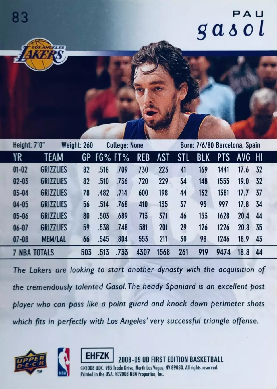 Карточка Pau Gasol Los Angeles Lakers 1