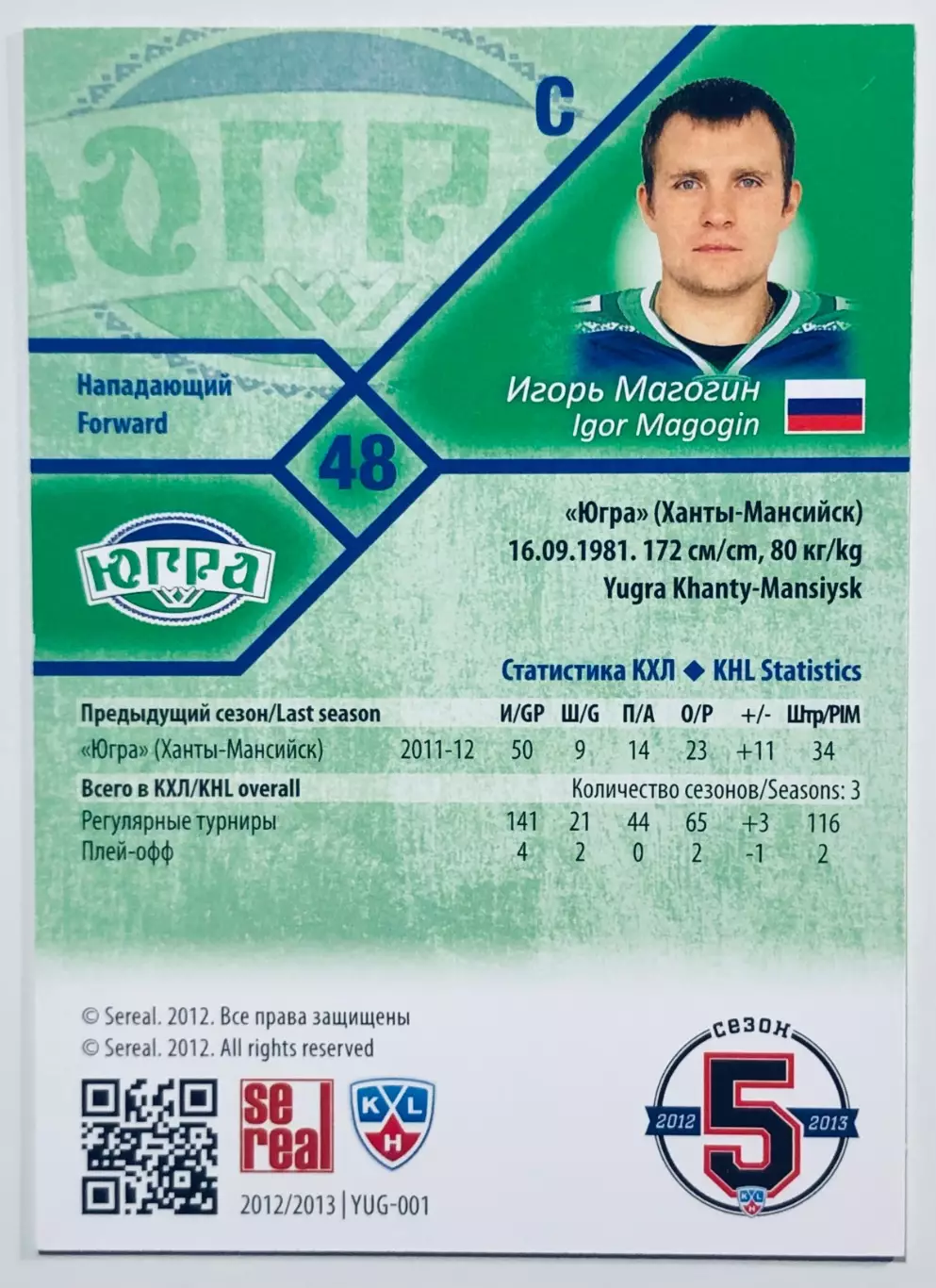 Карточка Игорь Магогин ХК Югра Ханты-Мансийск 1