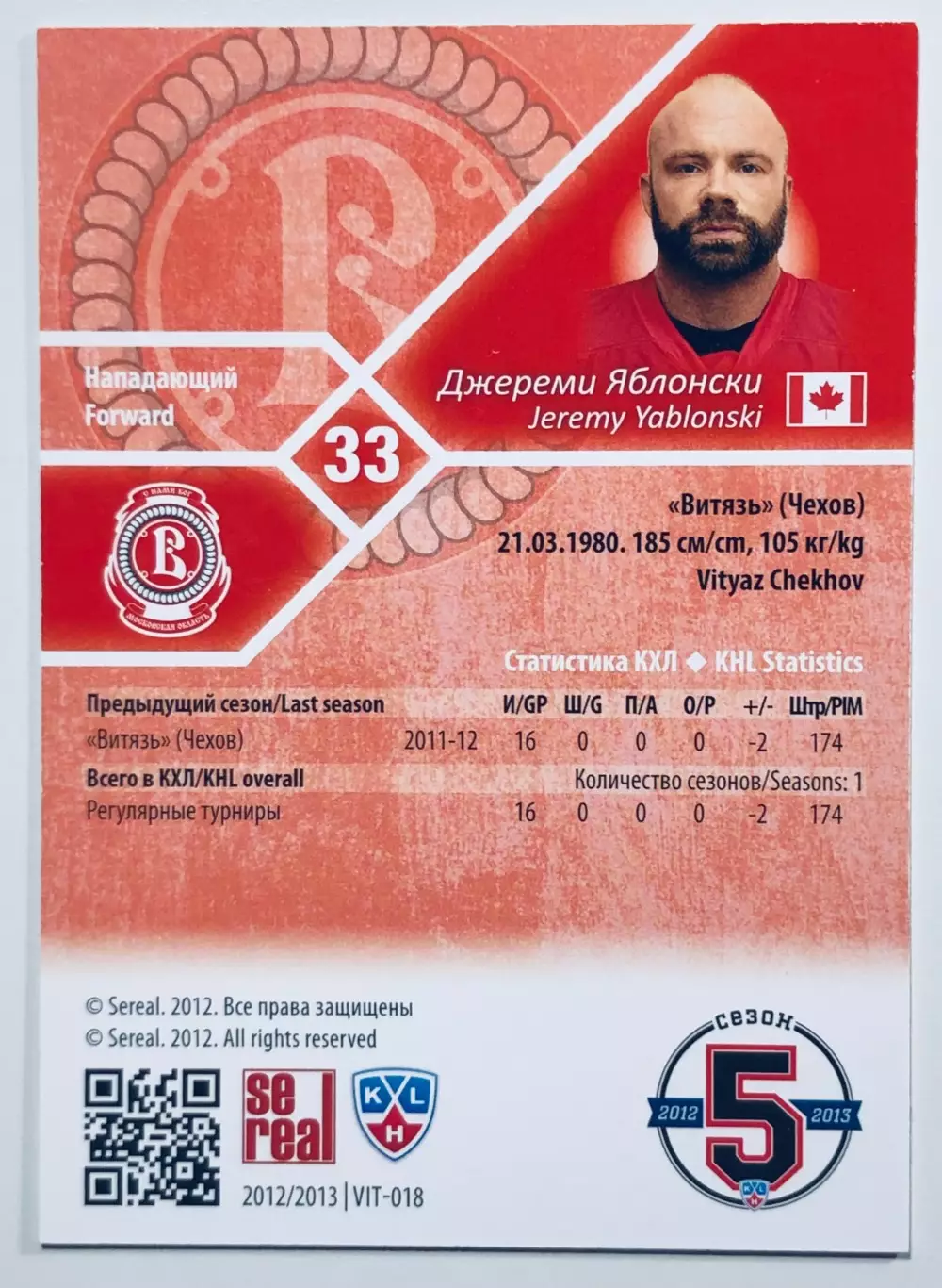 Карточка Джереми Яблонски ХК Витязь Чехов 1