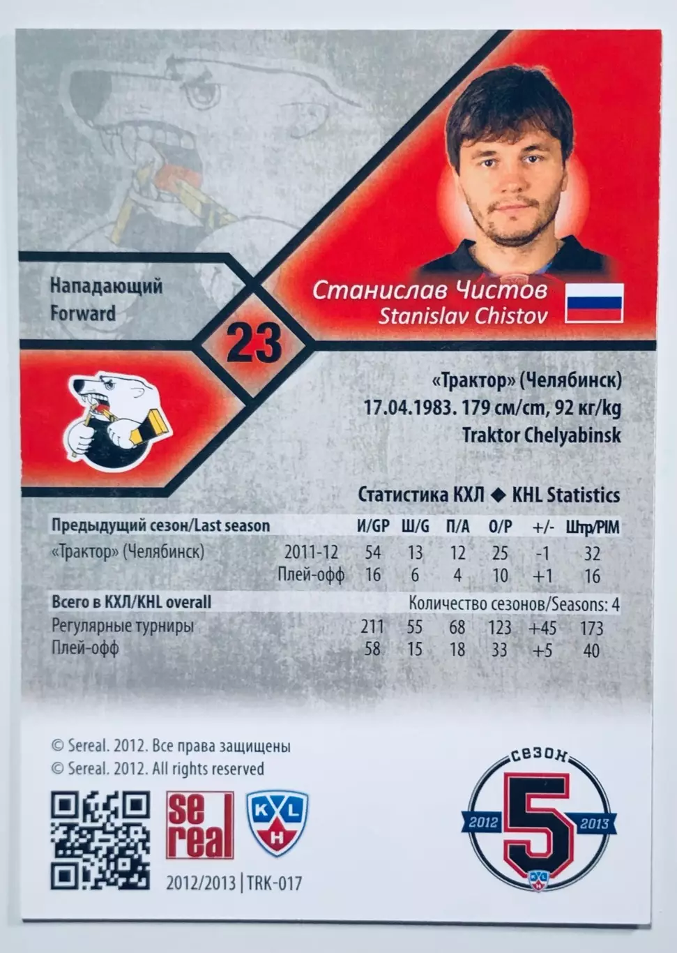 Карточка Станислав Чистов ХК Трактор Челябинск 1