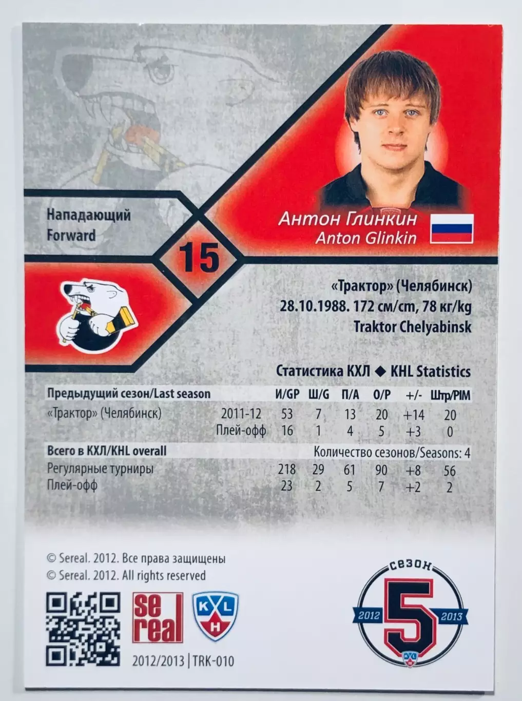 Карточка Антон Глинкин ХК Трактор Челябинск 1