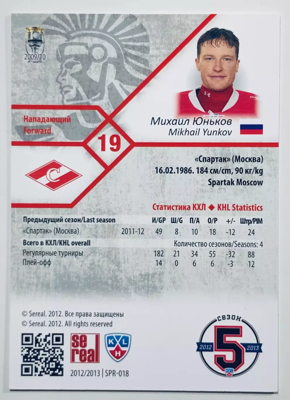 Карточка Михаил Юньков ХК Спартак Москва 1