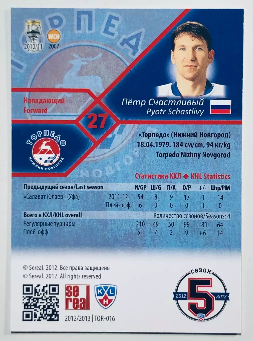 Карточка Петр Счастливый ХК Торпедо НН 1