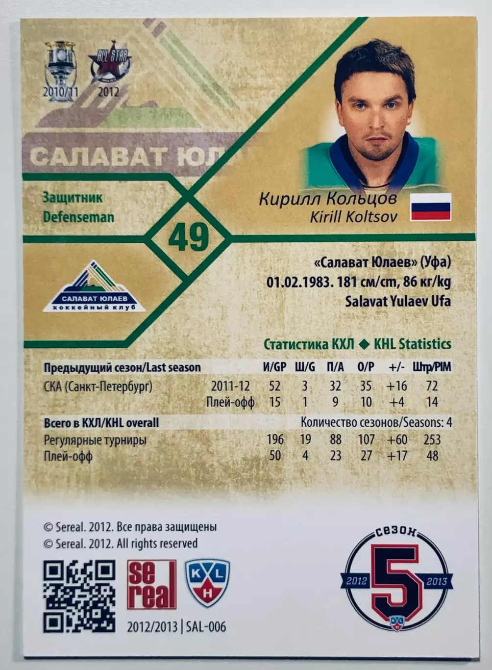 Карточка Кирилл Кольцов ХК Салават Юлаев Уфа 1