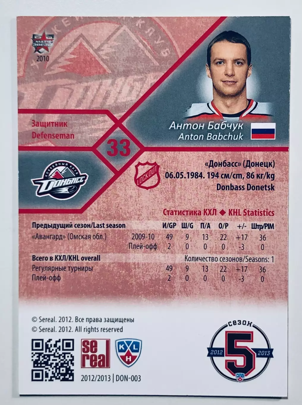 Карточка Антон Бабчук ХК Донбасс Донецк 1