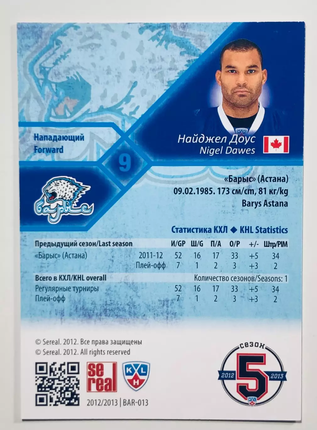 Карточка Найджел Доус ХК Барыс Астана 1