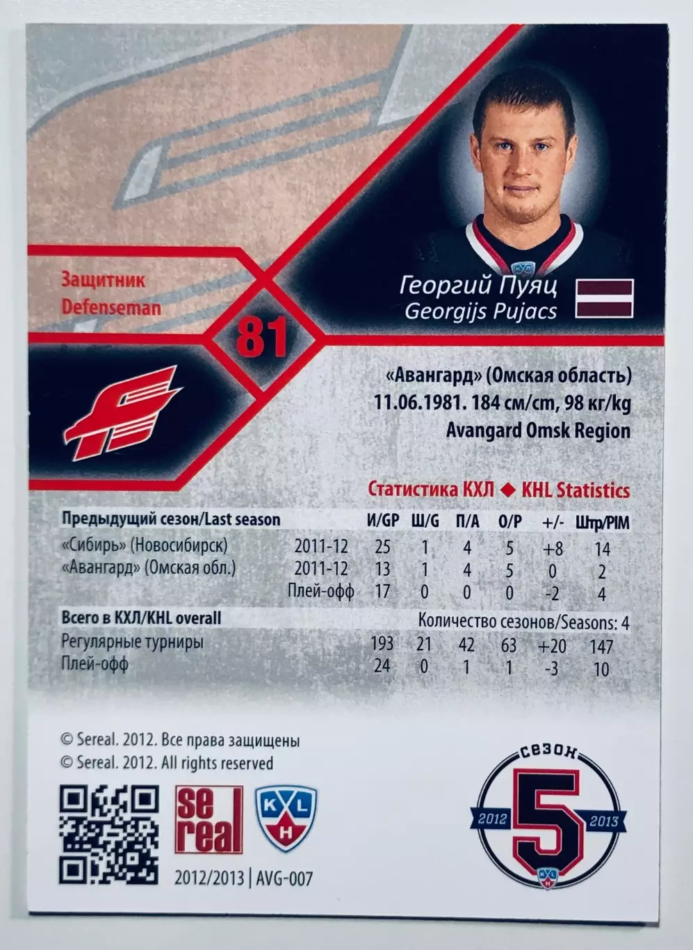 Карточка Георгий Пуяц ХК Авангард Омск 1