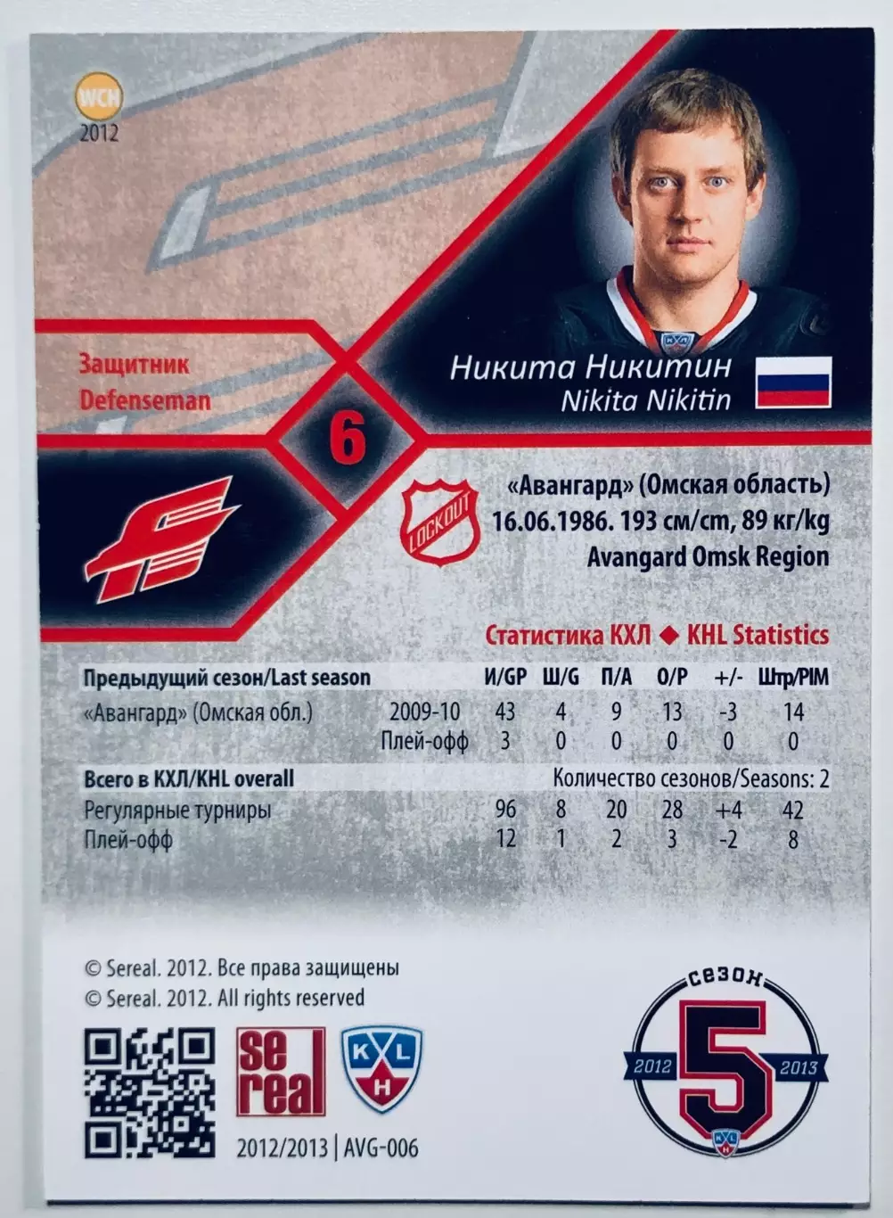 Карточка Никита Никитин ХК Авангард Омск 1