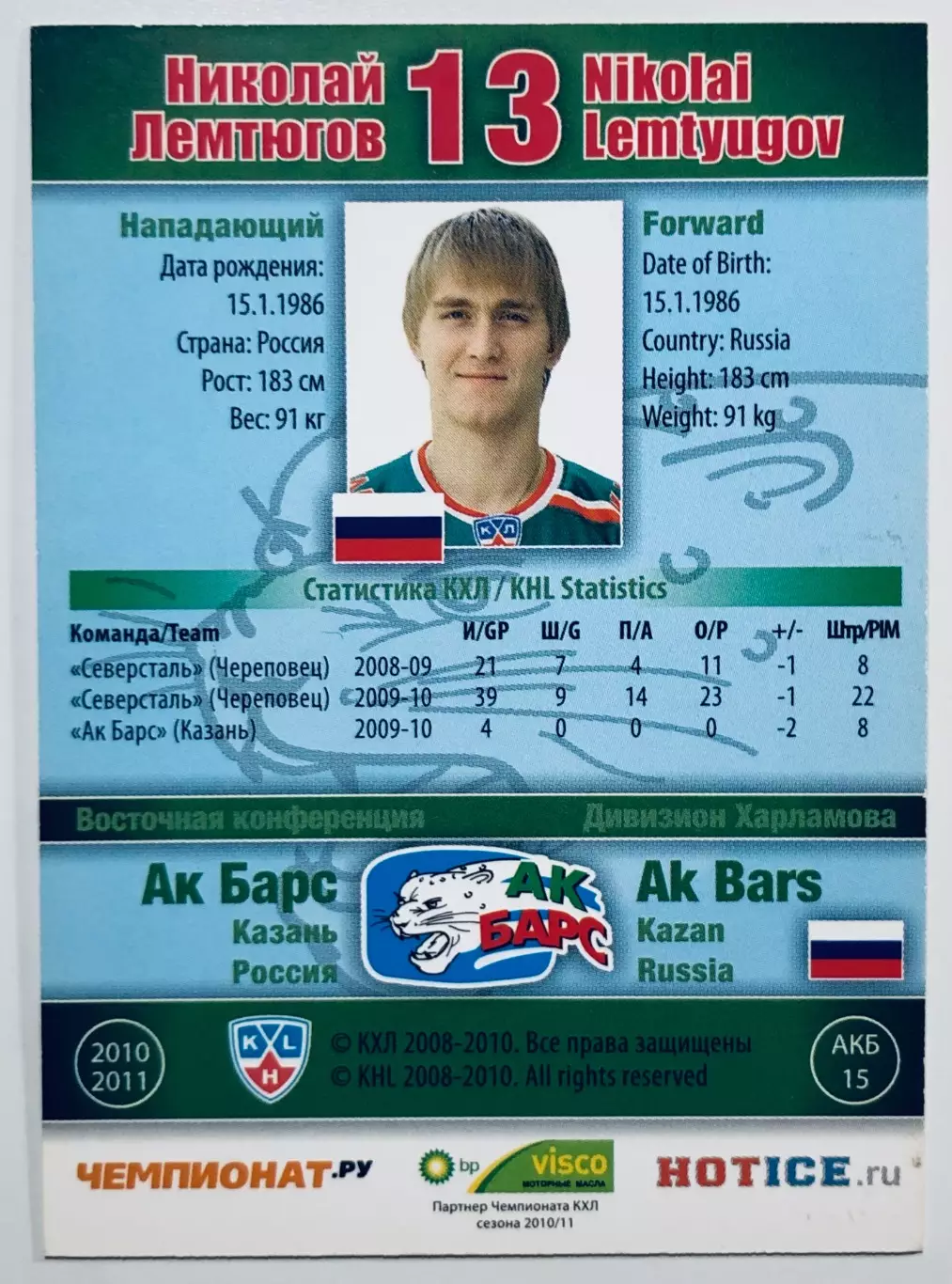 Карточка Николай Лемтюгов ХК «Ак Барс» Казань 1