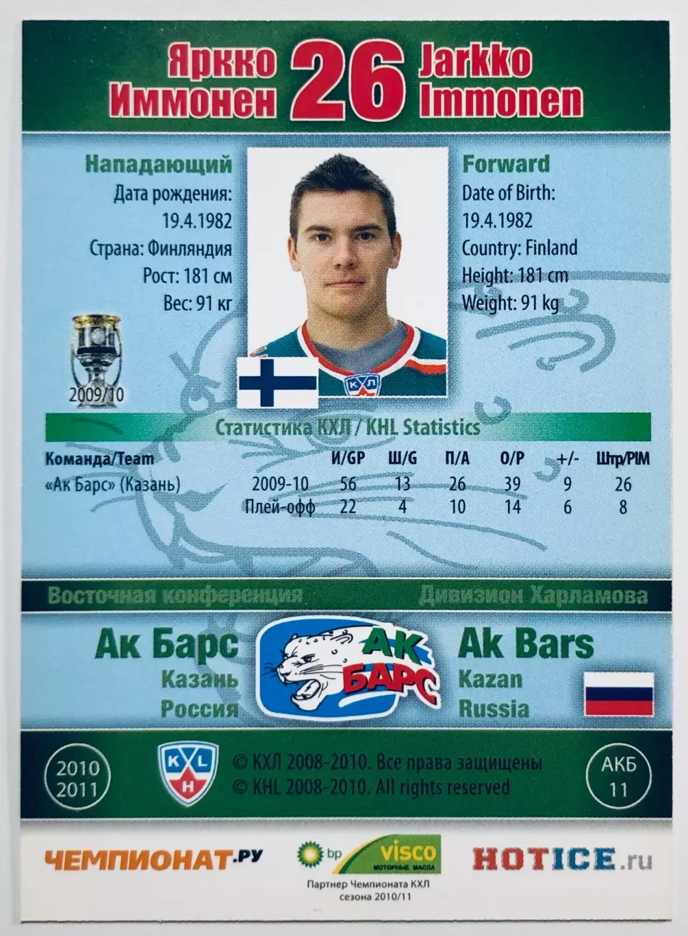 Карточка Яркко Иммонен ХК «Ак Барс» Казань 1