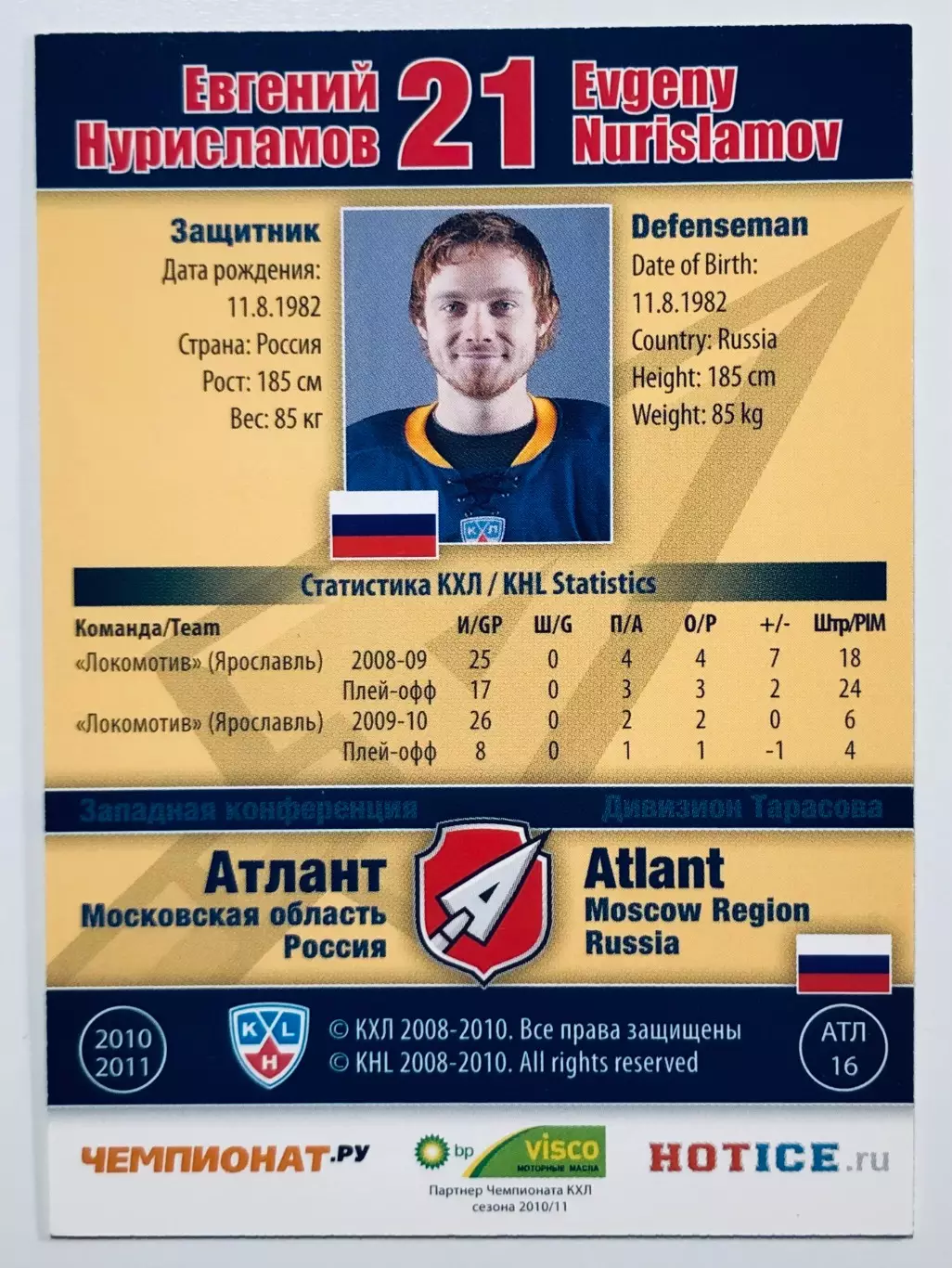 Карточка Евгений Нурисламов ХК Атлант М.О. 1