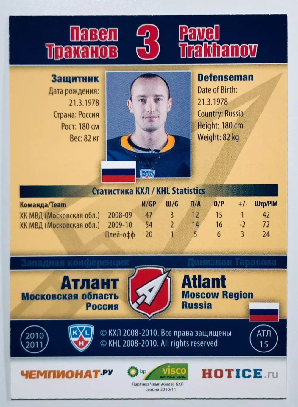 Карточка Павел Траханов ХК Атлант М.О. 1