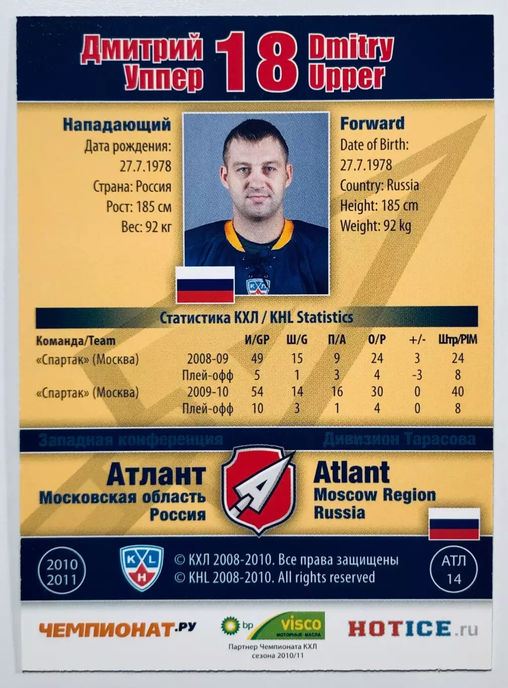 Карточка Дмитрий Уппер ХК Атлант М.О. 1