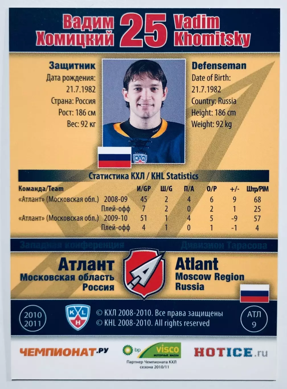 Карточка Вадим Хомицкий ХК Атлант М.О. 1