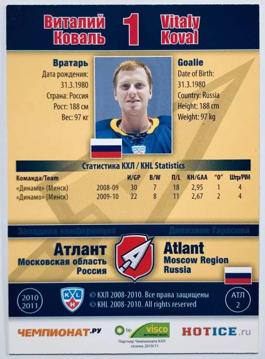 Карточка Виталий Коваль ХК Атлант М.О. 1
