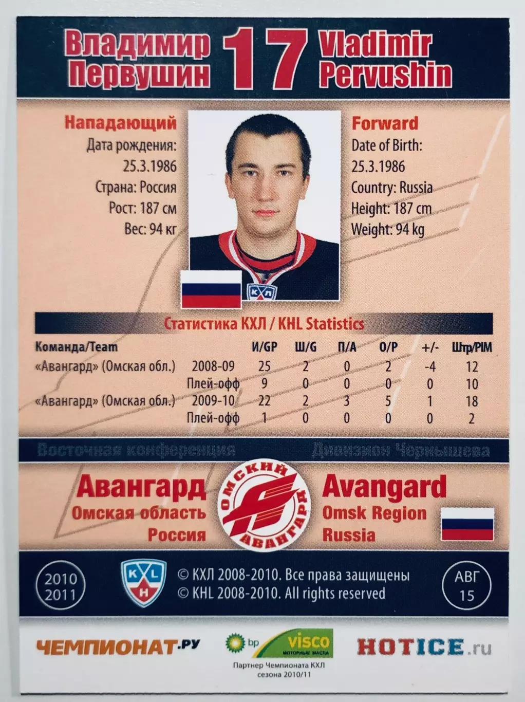 Карточка Владимир Первушин ХК Авангард Омск 1