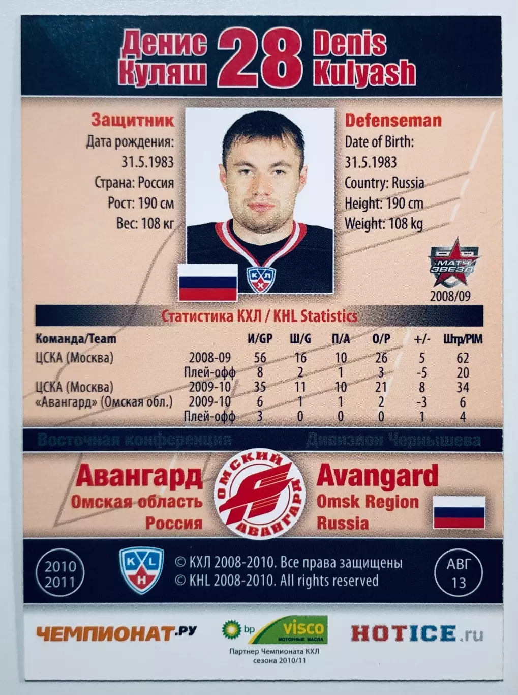 Карточка Денис Куляш ХК Авангард Омск 1