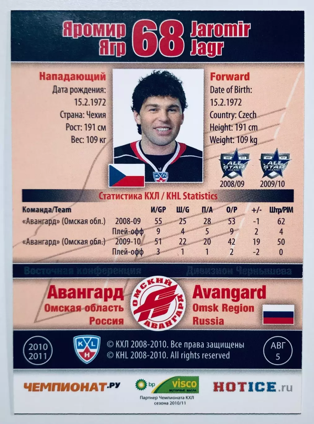 Карточка Яромир Ягр ХК Авангард Омск 1