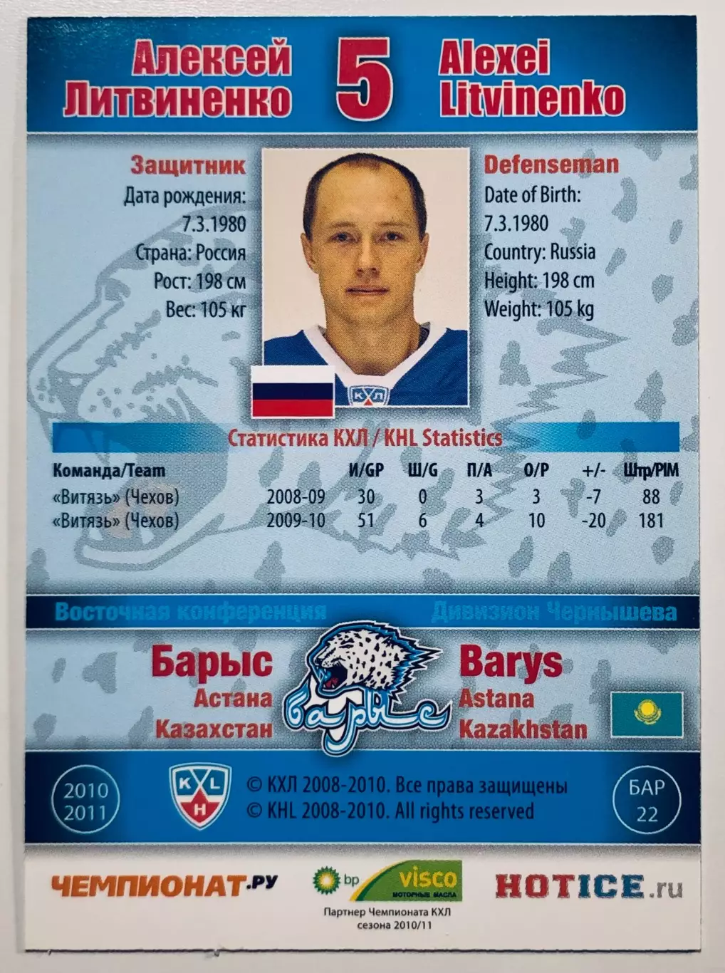 Карточка Алексей Литвиненко ХК Барыс Астана 1