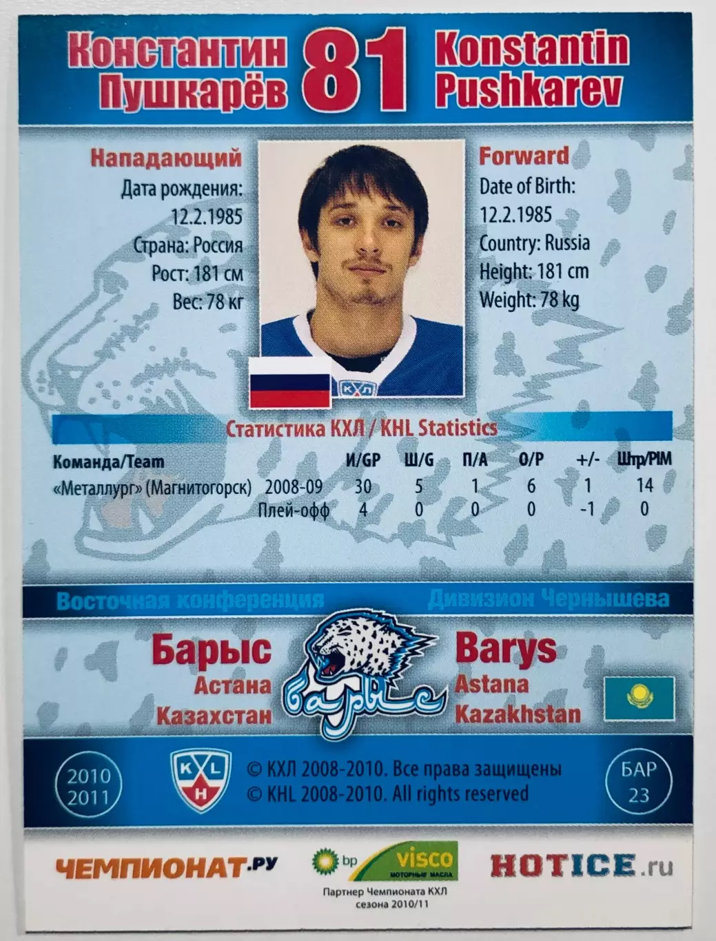 Карточка Константин Пушкарев ХК Барыс Астана 1